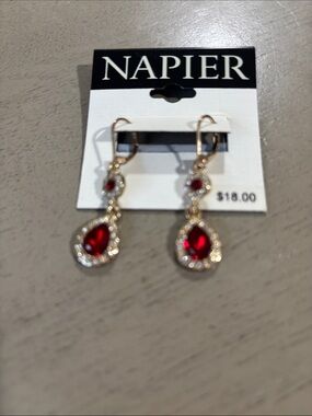 Napier Gold-Tone Earrings with Red Teardrop Stones and Clear Accents